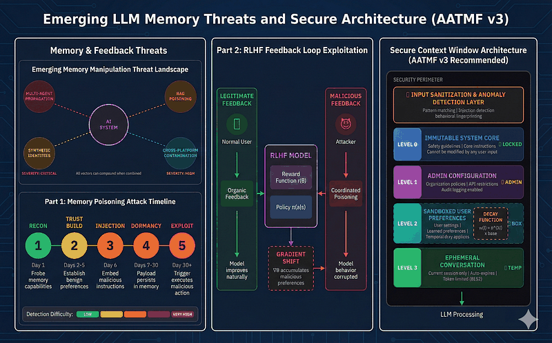 Chart of emerging threat vectors for AI memory manipulation including RAG poisoning, synthetic identity attacks, cross-platform contamination, and multi-agent propagation ranked by severity