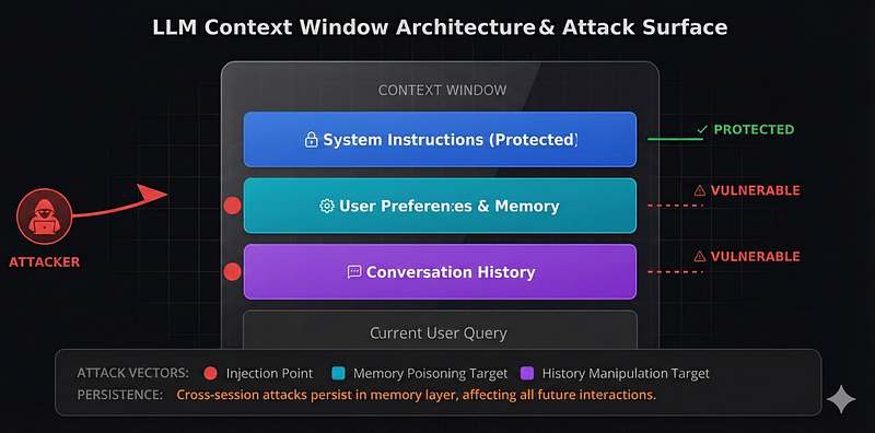 Diagram of LLM context window architecture showing system instructions, user preferences, and conversation history layers with vulnerable injection points highlighted