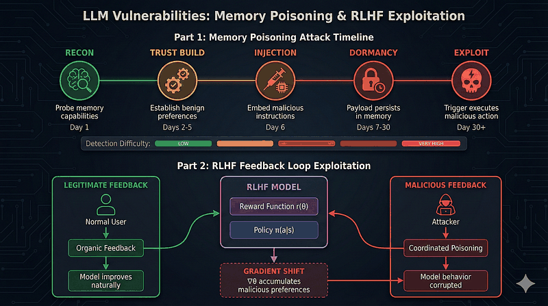 Side-by-side comparison of legitimate RLHF feedback versus malicious feedback poisoning showing how coordinated attacks shift model reward function and policy