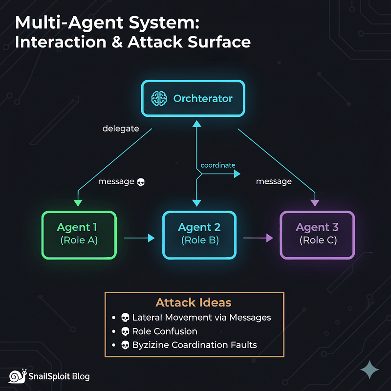 Multi-agent AI system showing specialized agents with different roles communicating through orchestration layer with attack surface highlighted at inter-agent boundaries